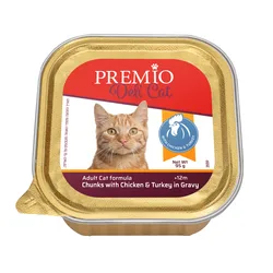 Premio - שימורי מזון מלא 95 גרם לחתול בוגר בטעם עוף והודו ברוטב