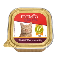 Premio -  שימורי מזון מלא 95 גרם לחתול בוגר בטעם בקר ולבבות ברוטב