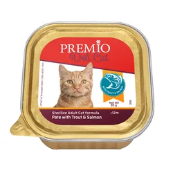 Premio - שימורי מזון מלא 95 גרם לחתול בוגר בטעם פורל וסלמון פטה