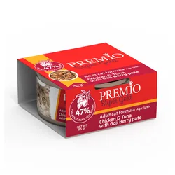 Premio - שימורי מזון מלא ומאוזן 85 גרם לחתול בוגר בטעם עוף, טונה וגוג׳י ברי במרקם פטה