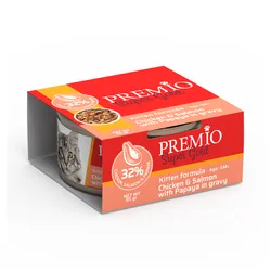Premio - שימורי מזון מלא ומאוזן 85 גרם לחתלתולים בטעם עוף, סלמון ופפאיה ברוטב
